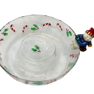 Gorham Chip & Dip Holiday Dish Fishing Snowman‎  Party Winter Follies Holly. B1